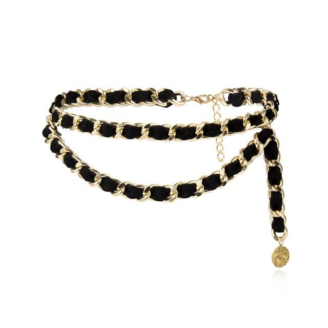 Cinturón vintage de alta costura con cadena y borlas en negro y dorado